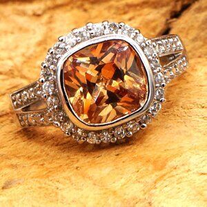 Vintage Square Citrine & CZ Halo Silver Cathedral Ring Size 7.75